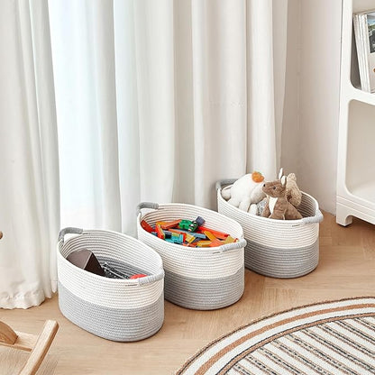 R RUNKA Storage Baskets for Organizing | 15"x10.2"x9.1" - 1 Pack Nursery Bin with Handles - Woven Cotton Rope Baskets for Dog Toys, Books, Shelf, Bathroom,Closet -Stylish Storage |White & Grey