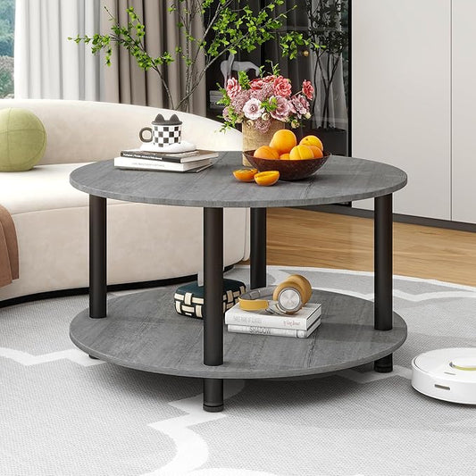 23.6" Round Coffee Table, 2-Tier Small Circle Coffee Table with Storage, Modern Center Accent Table with Metal Frame, Side Table End Table for Small Space, Living Room, Office, Grey