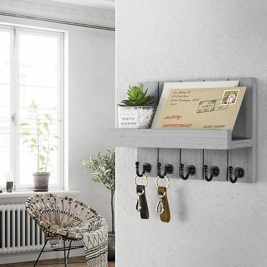 Rebee Vision Decorative Key and Mail Holder for Wall - Modern Key Hooks with Shelf and Mail Organizer Wall Mount for Frmhouse House Decor - Stylish Apartment Essentials (Gray, 3.54"D x 10"W x 7.28"H)