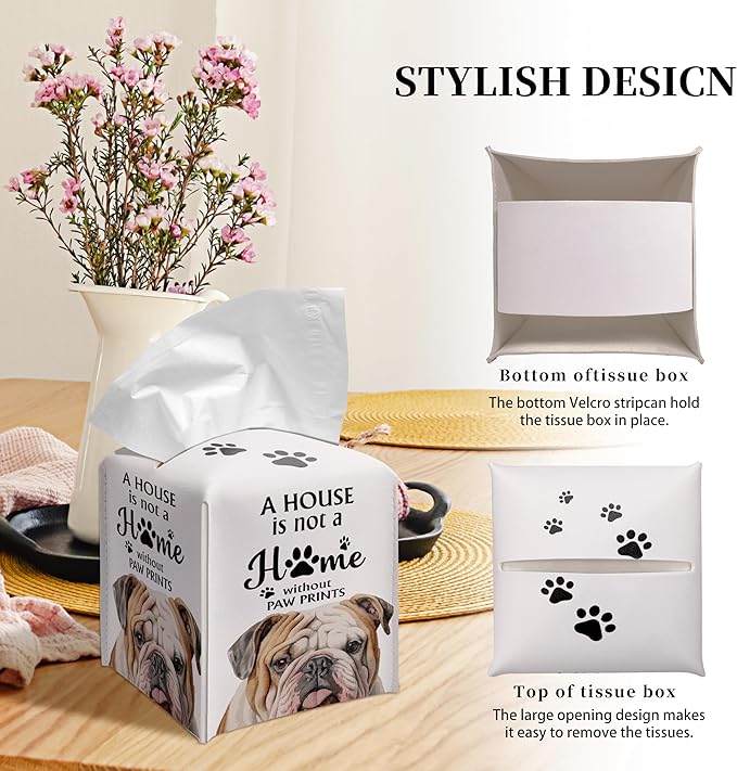Grace Yonks Cute Bulldog Tissue Box Cover Square, Bulldog Dog Cube Case for Facial Tissues, 5.2" PU Leather(030)