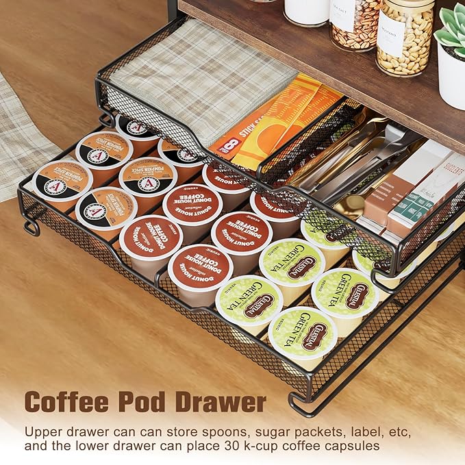 Coffee Bar Organizer, 4 Tier Coffee Station Organizer for Countertop, 30 K Cup Pod Drawer, Mug Cup Holder Stand With 12 Hooks, Multifunctional K Pods Shelf Storage Holder Drawer