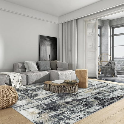 9x12 Area Rugs Washable Rug: Modern Abstract Living Room Rug Soft Anti-Skid Thin Carpet Indoor Floor Non-Shedding Carpets for Bedroom Dining Room Farmhouse Nursery Home Office Black Grey Gold