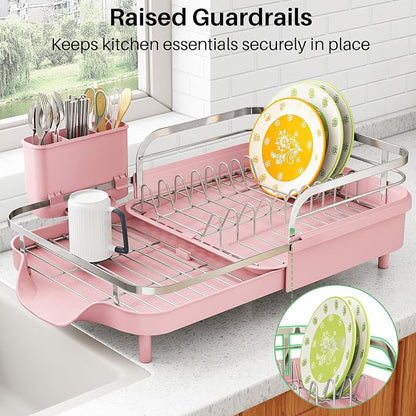 SAYZH Dish Drying Rack - Expandable Dish Rack for Kitchen Counter, Rust-Resistant Dish Drainer with Utensil Holder and Raised Guardrail, Kitchen Organizer for Cup and Bottle (Pink)