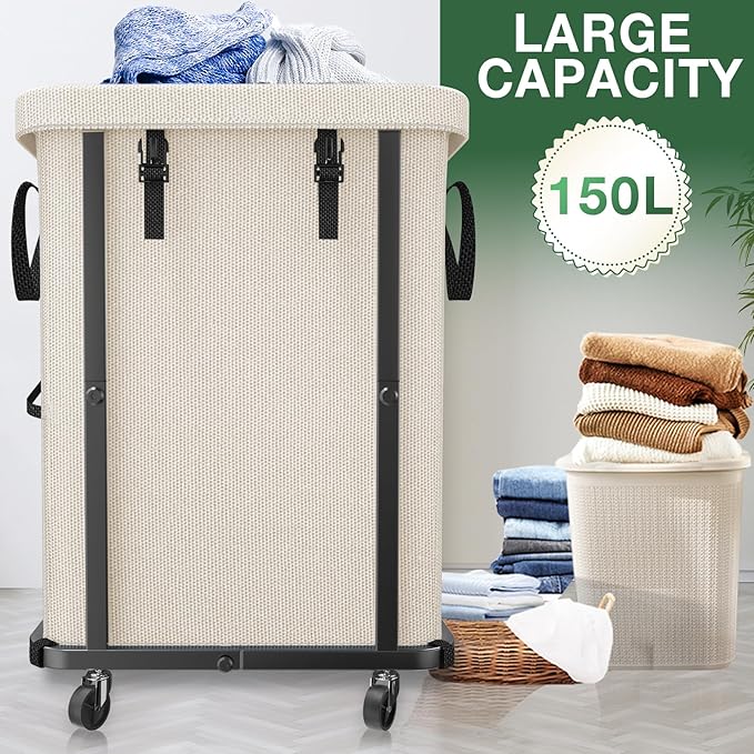 40 Gal(150L) Laundry Basket with Lid, Rolling Laundry Hamper with Wheels, Dirty Clothes Hamper with Metal Frame and Removable Bag Design, Suitable for Laundry Room, Bedroom - White