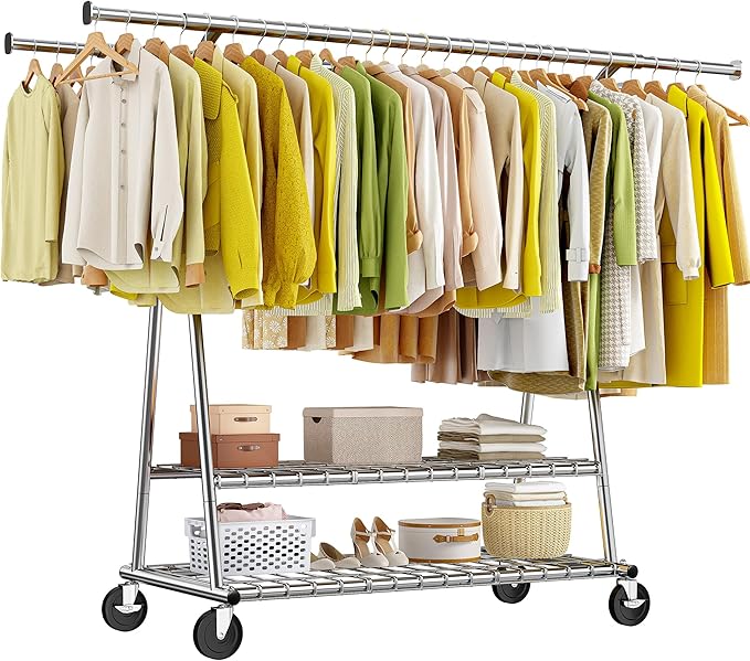 Raybee 78" W Heavy Duty Clothes Rack Loads 630 LBS, Double Rods Clothing Racks for Hanging 450+ Clothes, Clothing Rack with Wheels, Portable Commercial Garment Rack, Chrome