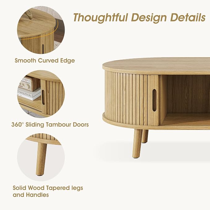 Alohappy 42.5" W Oval Coffee Table, Mid Century Modern Coffee Table with Sliding Tambour Door, Fluted Center Table with Hidden Storage, Curved Accent Table for Living Room, Home Office,Natural Oak