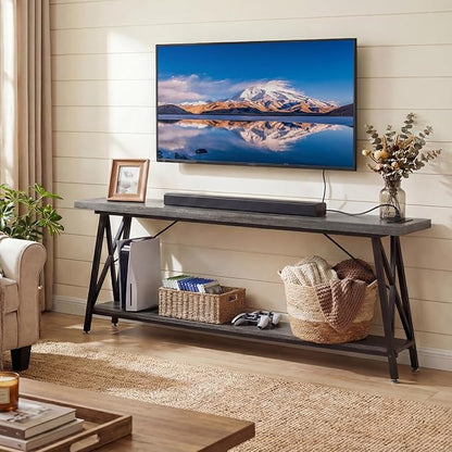 Homieasy 70.9 Inch Extra Long Console Table, Industrial Sofa Table Behind Couch with Charging Station & Storage Shelf, Entryway Table for Living Room & Entryway, Grey Oak