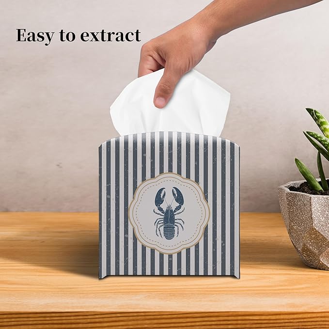 Grace Yonks Cute Coastal Lobster Tissue Box Cover Square, Kitchen Striped Cube Case for Facial Tissues, 5.2" PU Leather(070)