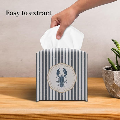 Grace Yonks Cute Coastal Lobster Tissue Box Cover Square, Kitchen Striped Cube Case for Facial Tissues, 5.2" PU Leather(070)