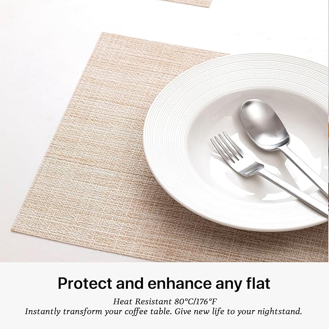 LEXMORE Placemats Set of 8 Vinyl/Plastic Woven Place Mats for Kitchen Table Indoor/Outdoor Washable Placemat Wipeable Dining Table Mats(A-Beige)