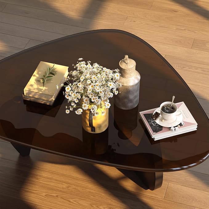 Coffee Table for Living Room Mid Century Modern Center Small Table with Glass Top and Wood, Black Brown(36 Inch)