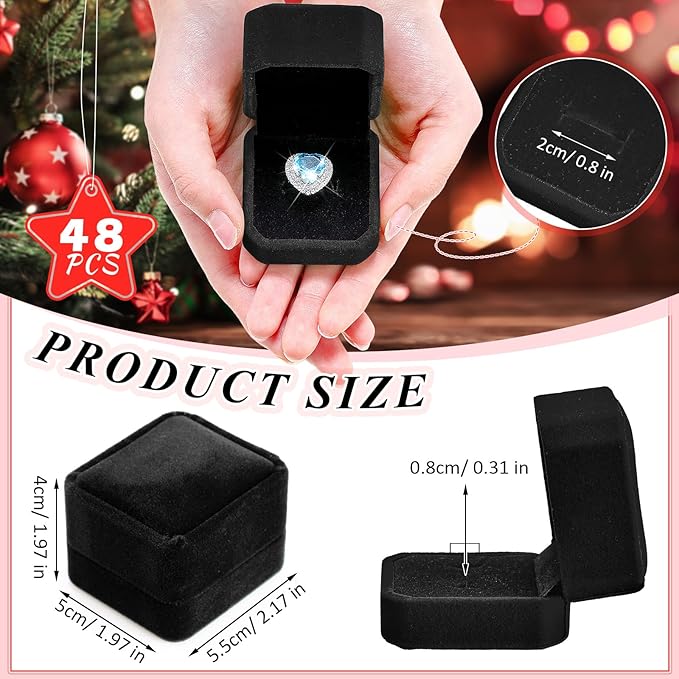 Thinkday 48 Pcs 2.13 x 2.01 x 1.54 in Velvet Ring Box Display Jewelry Storage Case for Christmas Wedding Engagement Gifts(Black)