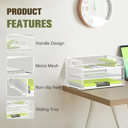 DALTACK 3 Tier Paper Organizer with Handle, Mesh Metal Desk Organizer with Sliding Paper Trays for Letter/A4 Paper, Mail, Bills & Folders, White