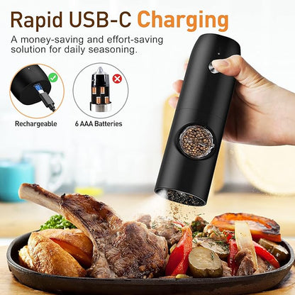 Electric Salt and Pepper Grinder Set, Rechargeable Automatic Pepper Mill Grinder with LED Light, Adjustable Coarseness shakers, One-Hand Operation for Kitchen Appliances(2 Pack Black)