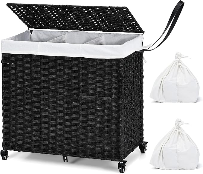 GOFLAME Laundry Hamper with Lid and Wheels, 125L Hand Woven Rattan Laundry Basket with 3 Divided Sections, Handles, 2 Removable and Washable Liner Bags, Dirty Clothes Hamper for Bedroom (Black)
