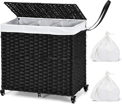 GOFLAME Laundry Hamper with Lid and Wheels, 125L Hand Woven Rattan Laundry Basket with 3 Divided Sections, Handles, 2 Removable and Washable Liner Bags, Dirty Clothes Hamper for Bedroom (Black)