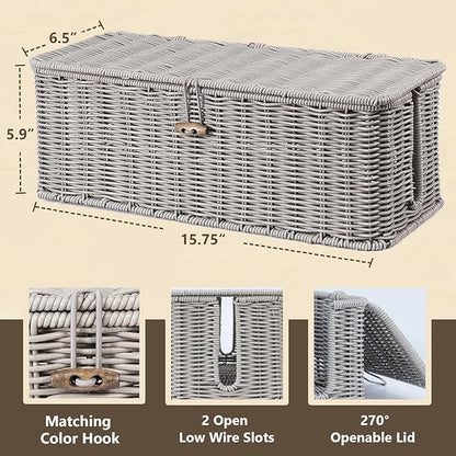 BROWNLILY Cable Management Box, Rattan Style Cord Organizer for Desk Cord Hider Outlet Covers for Power Strip TV PC Router Charger Under Desk Storage with Lockable Lid and Cable Ties