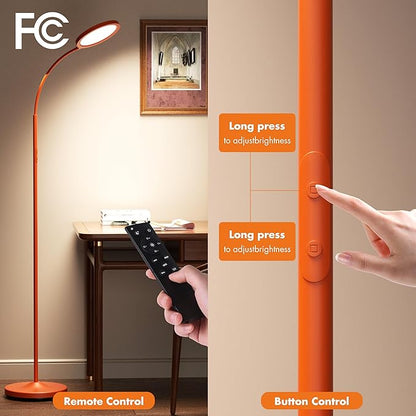 luckystyle Orange Floor Lamp,Super Bright Dimmable LED Lamps for Living Room, Custom Color Temperature Standing Lamp with Remote Push Button, Adjustable Gooseneck Reading Floor Lamp for Bedroom Office