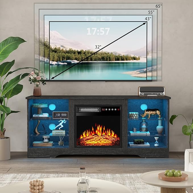 PRETZI Fireplace TV Stand with 18" Fireplace Up to 65" TVs, 58" Entertainment Center with LED Lights, TV Media Console with Adjustable Glass Shelves and Storage Cabinets for Living Room, Black