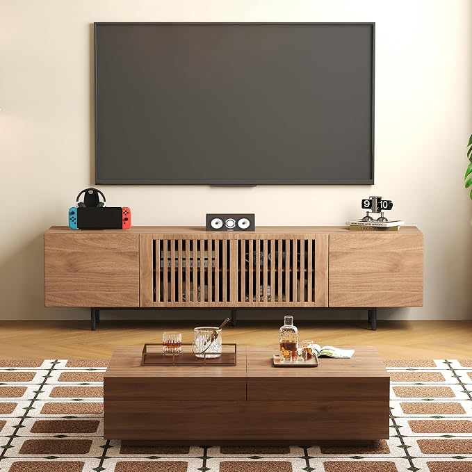 Mid-Century Modern Expandable Coffee Table & TV Stand Set, Walnut Finish – Elegant Storage Combo for Living Room, Bedroom, or Lounge (70.87" TV Stand+Coffee Table)