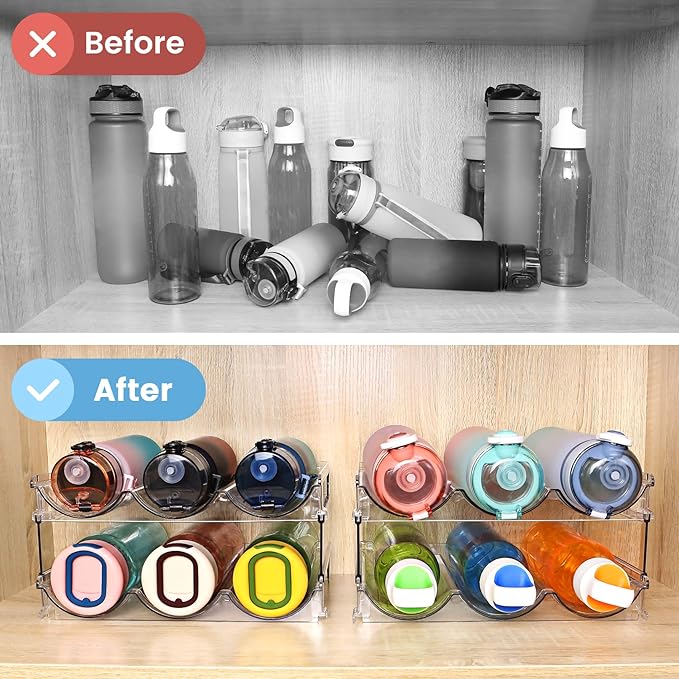 spospo Water Bottle Organizer for Cabinet, 4 Pack Water Bottle Organization and Storage Shelf, Plastic Water Bottle Holder Rack for Fridge, Kitchen, Desktop