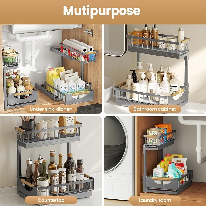 2 Pack 2 Tier Under Sink Organizer and Storage for Bathroom and Kitchen - Under Cabinet Pull Out Shelf Organizers - Sliding Out Drawer Organization for Home Cabinets Shelves and Drawers
