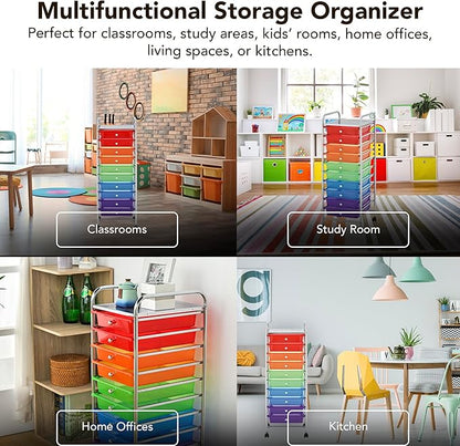 Display By Jack 10-Drawer Rainbow Storage Cart with Top Shelf, Color-Coded Organizer on Locking Wheels, Slim 36" Chrome Frame for Classroom, Art Studio, Home, or Office