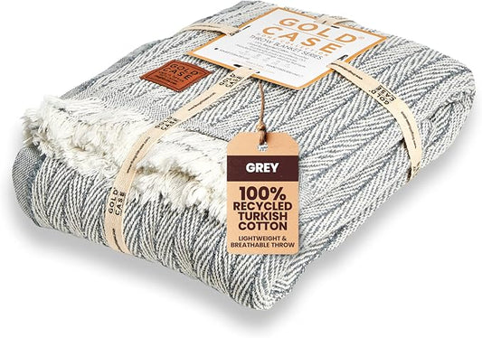 Gold Case Throw Blanket for Couch - 100% Recycled Turkish Cotton Blankets & Throws - Vintage Soft Throw Blankets for Living Room - Boho Decorative Woven Couch Blanket - 50x60 - Grey