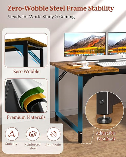 Computer Desk 55.1" Office Desk, Extra Wide 23.62” Carbon Fiber Deep Desktop, 0.59” Thick Heavy-Duty Home Office Desks, Office Table with Steel Frame, Wood Desk for Bedroom Study Writing Gaming Work