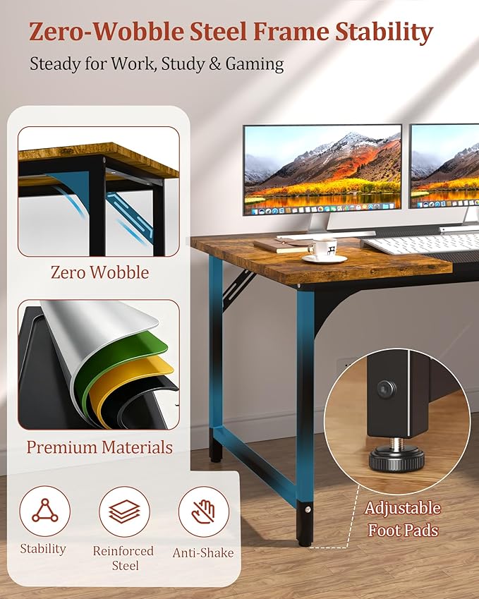 Computer Desk 47.2" Office Desk, Extra Wide 23.62” Carbon Fiber Deep Desktop, 0.59” Thick Heavy-Duty Home Office Desks, Office Table with Steel Frame, Wood Desk for Bedroom Study Writing Gaming Work