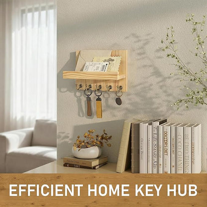 Rebee Vision Pine Wood Key Holder Wall Mount with 5 Hooks and Shelf – Farmhouse Key Holder for Wall for Entryway Organization – Perfect for Mail & Letters (Orginal Wood,3.54" x 10" x 7.28")