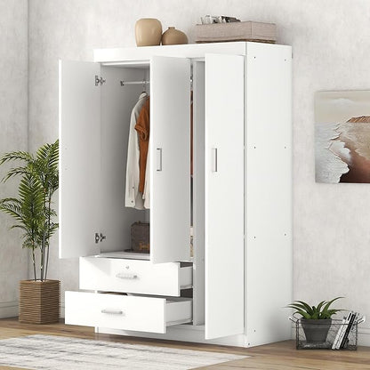 3 Door Wardrobe Cabinet Closet with Storage Drawers, Shelves and Hanging Rail for Clothes, Bedroom Organizer
