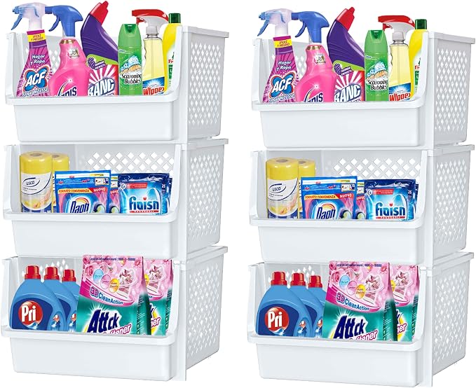 XLarge Stackable Storage Bins Open Front for Pantry Storage, 6 Pack - White | Sturdy Plastic, Easy Stacking, Open Front Access, Ventilated Sides, Vertical & Space Saving Pantry Organizers and Storage Bin