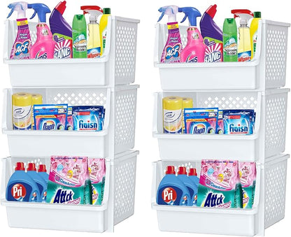 XLarge Stackable Storage Bins Open Front for Pantry Storage, 6 Pack - White | Sturdy Plastic, Easy Stacking, Open Front Access, Ventilated Sides, Vertical & Space Saving Pantry Organizers and Storage Bin