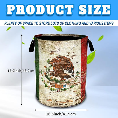 Vintage Mexican Flag Laundry Basket Funny Oxford Cloth Laundry Hamper With Handle Foldable Portable Clothes Storage Basket 18.9 X 16.5 Inch Storage Bag For Laundry Room/Bathroom/Bedroom/Dormitories