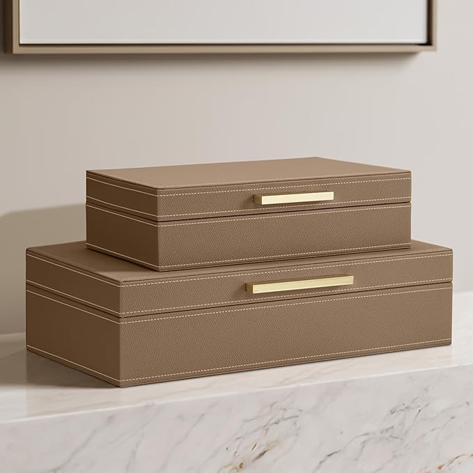 ZICOTO Decorative Storage Boxes with Lids – Set of 2 Beautiful PU Leather Organizer Bins for Your Bookshelf Home Decor - Safely Store Photos, Documents and Memory Box Keepsakes in Style
