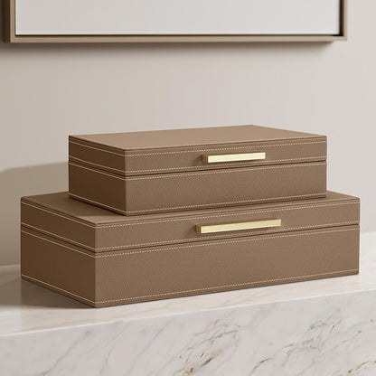 ZICOTO Decorative Storage Boxes with Lids – Set of 2 Beautiful PU Leather Organizer Bins for Your Bookshelf Home Decor - Safely Store Photos, Documents and Memory Box Keepsakes in Style
