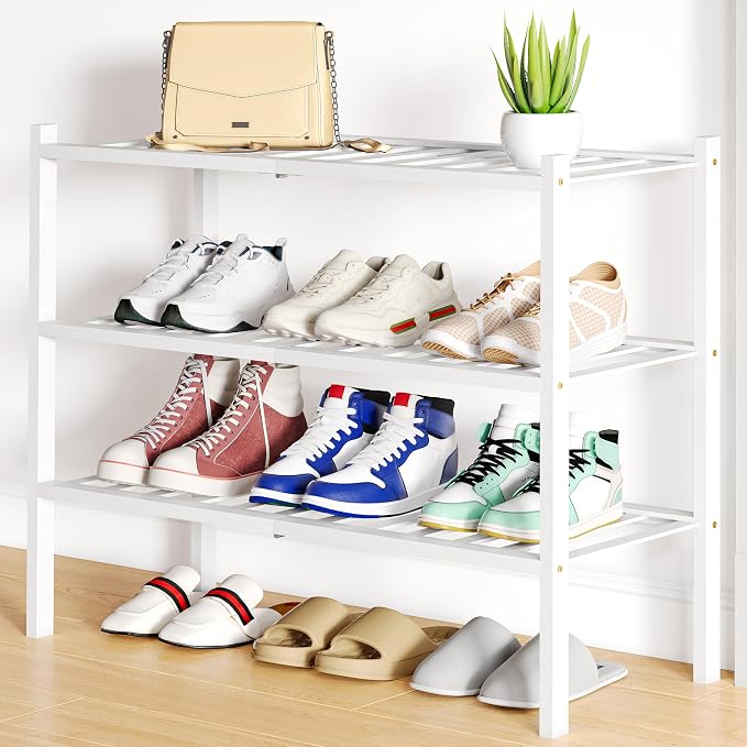 Smiry Bamboo Shoe Rack, 3 Tier Free Standing Wooden Shoe Organizer, Stackable Wood Shoe Storage Shelf for Closet, Entryway, 12 Vertical Slats, 2+1 Stack Standard Legs, 26.8"x11"x19.5", White