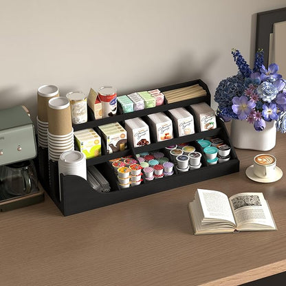 Suli Exact Large Coffee Station Organizer,Wooden Countertop Pods Holder with Drawer for Condiment Syrup Tea Cups for Lobbies,Breakroom,Office,Rustic Bar Decor for Accessories Organizer,3 Tiers -Black