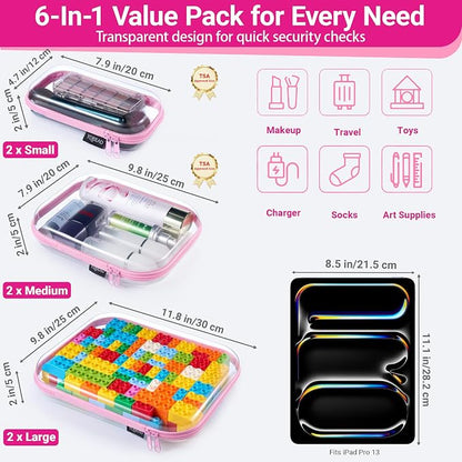YQBRAO 6 Pack Soft Pink Clear Hard Shell Zipper Case, 1.2mm Crush-Proof Makeup Bag & Skincare Organizer, Heavy Duty Travel Pouches for Toiletries, Art Supplies & Daily Carry (2L+2M+2S)