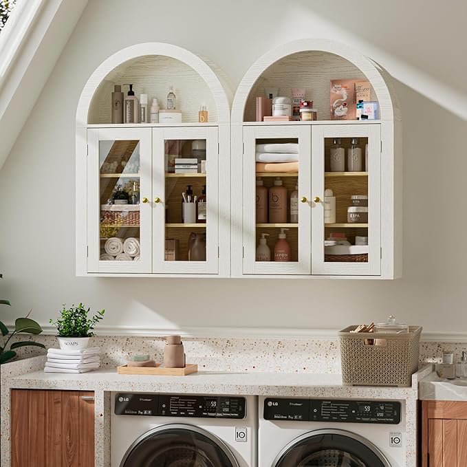 BREEZEHEAT Bathroom Medicine Cabinet Wall Mounted-Over The Toilet Storage Cabinet-Arched Wall Cabinet with Glass Doors & Adjustable Shelves, Wood Cabinet for Laundry Room, Kitchen, Living Room, Beige