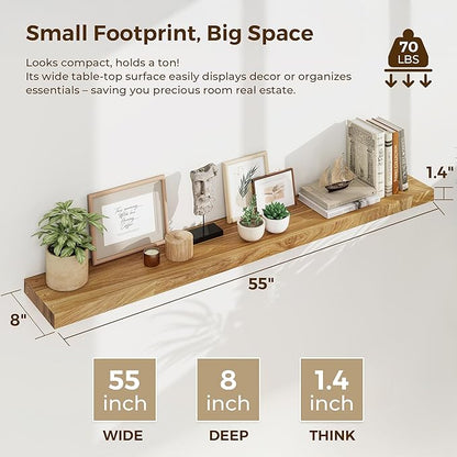 55 Inch Floating Shelves for Wall, Solid Elm Wood Wall Shelf for Home Decor, 8 Inch Deep Floating Shelf for Storage, 55 x 8 Wooden Shelves for Bathroom Living Room Kitchen, Natural Color, Set of 1