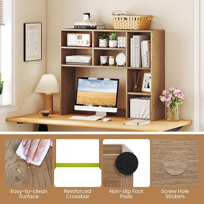 Desk Hutch, Desktop Shelf with 7 Shelves, Desk Bookshelf w/Anti-Toppling Devices, Wood Table Top Bookshelf Organizer, Small Desk Shelf for Study, Office, Dorm (Natural, 7 Shelves)