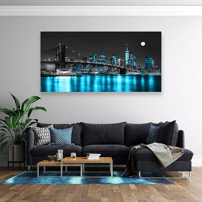 Wall Art Canvas Painting Black White and Blue New York Brooklyn Bridge 1 Piece Cityscape Night Building Picture Poster Print Framed for Living Room Bedroom Kitchen Office Home Decor