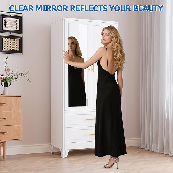 Steel Armoire Wardrobe Closet with Mirror, 71" Metal Clothes Storage Cabinets with 2 Doors, 1 Adjustable Shelf, 2 Drawers, Metal Wardrobe Cabinet with Hanging Rod for Bedroom, Gym, Cloak(White)