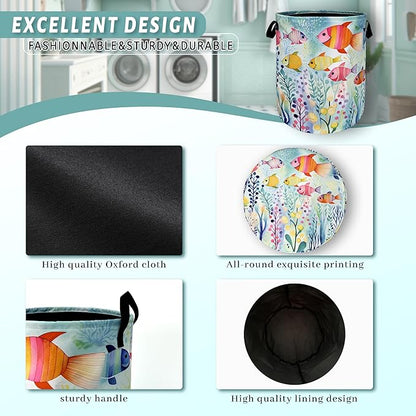 Watercolor Fish Laundry Basket Foldable With Handles Cute Fishes Tote Bag Oxford Cloth Colorful Laundry Hamper Clothes Storage Bucket Toy Organizer For Bathroom/Laundry/Bedroom 18.9"x16.5 "