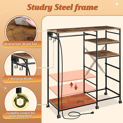 WLIVE Dresser with Hanging Rack for Bedroom, 3 Drawer Dresser with LED Lights & Charging Station, Fabric Dressers & Chest of Drawers, Storage Organizer with Open Shelves for Living Room, Brown