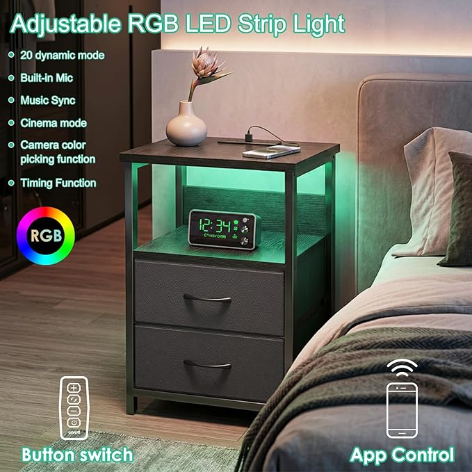 Fixwal Nightstand Set of 2 Night Stand with Charging Station, LED Nightstand with Fabric Drawers, End Table with PU Finish, Bed Side Table, Black