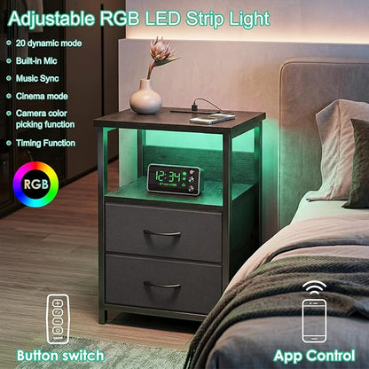 Fixwal Night Stand with Charging Station, LED Nightstand with U-S-B Ports and Outlets for Small Spaces, 2 Fabric Storage Drawers, Bedside Table End Tables Bedroom Decor, Modern Black