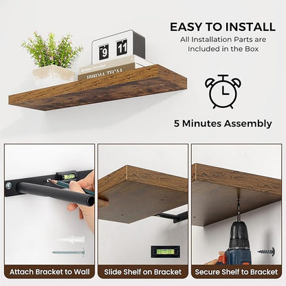 Dreamland 48 inch Floating Shelves for Wall Large Wall Mounted Shelves with Invisible Brackets, Brown Long Shelves for Bathroom, Living Room, Kitchen, Office, 48x9.1 inch deep Set of 2